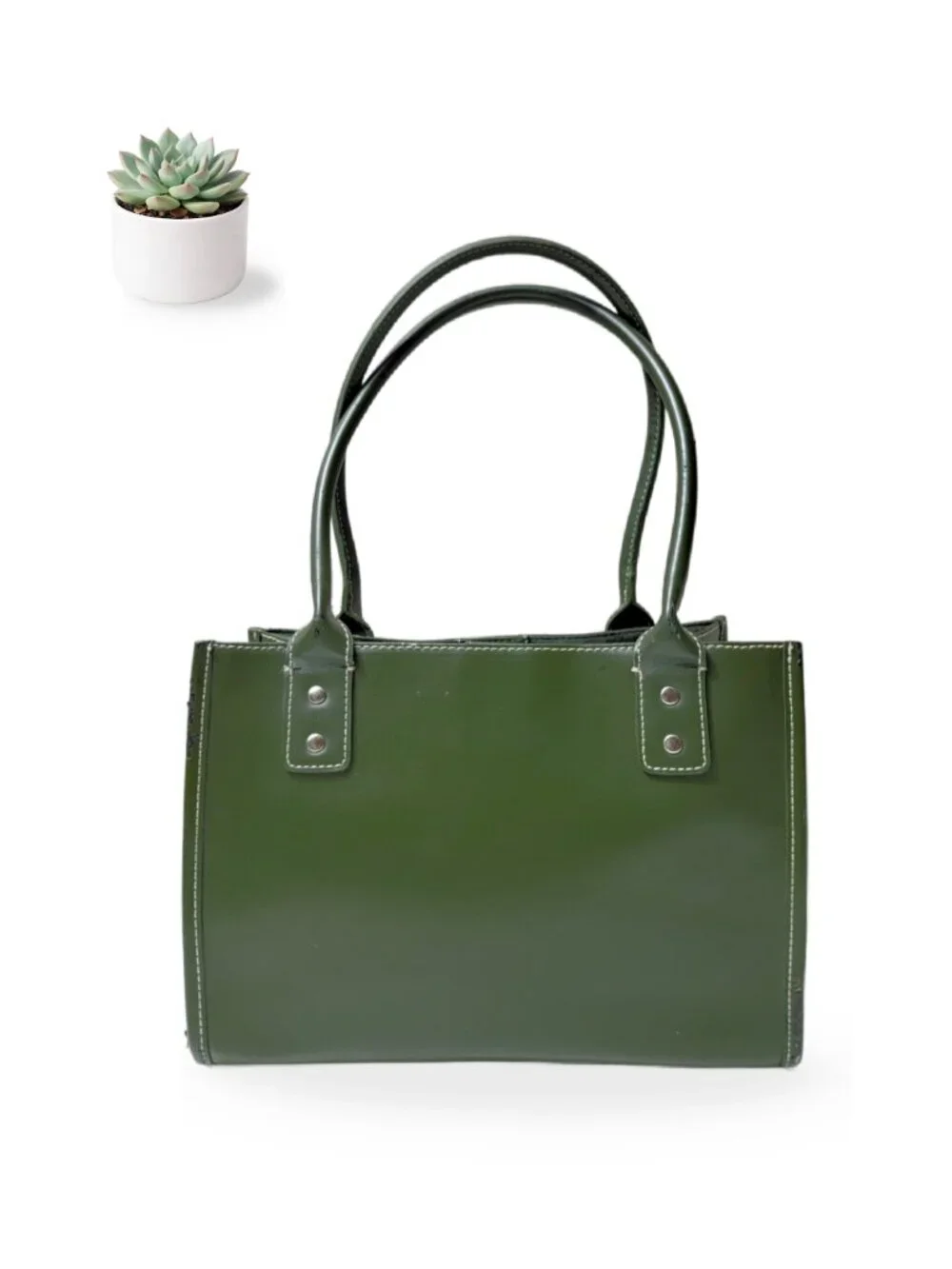 Wilsons Leather Green Structured Satchel Tote Handbag Silver Hardware Purse